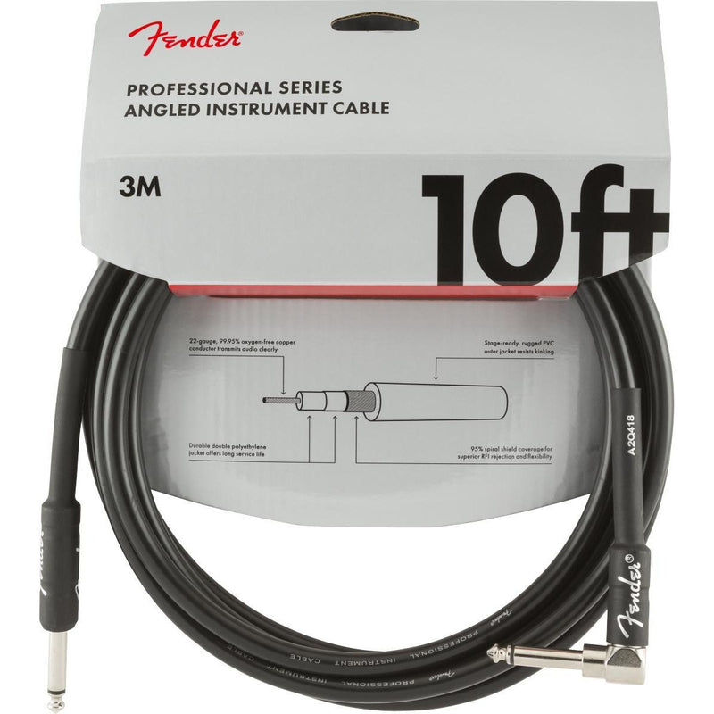 Fender Professional Series Instrument Cable-Guitar & Bass-Fender-10'-Straight/Angle-Black-Logans Pianos