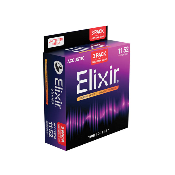Elixir Nanoweb Phosphor Bronze - 11-52 - 3 Pack Custom Light-Guitar & Bass-NMS-Logans Pianos