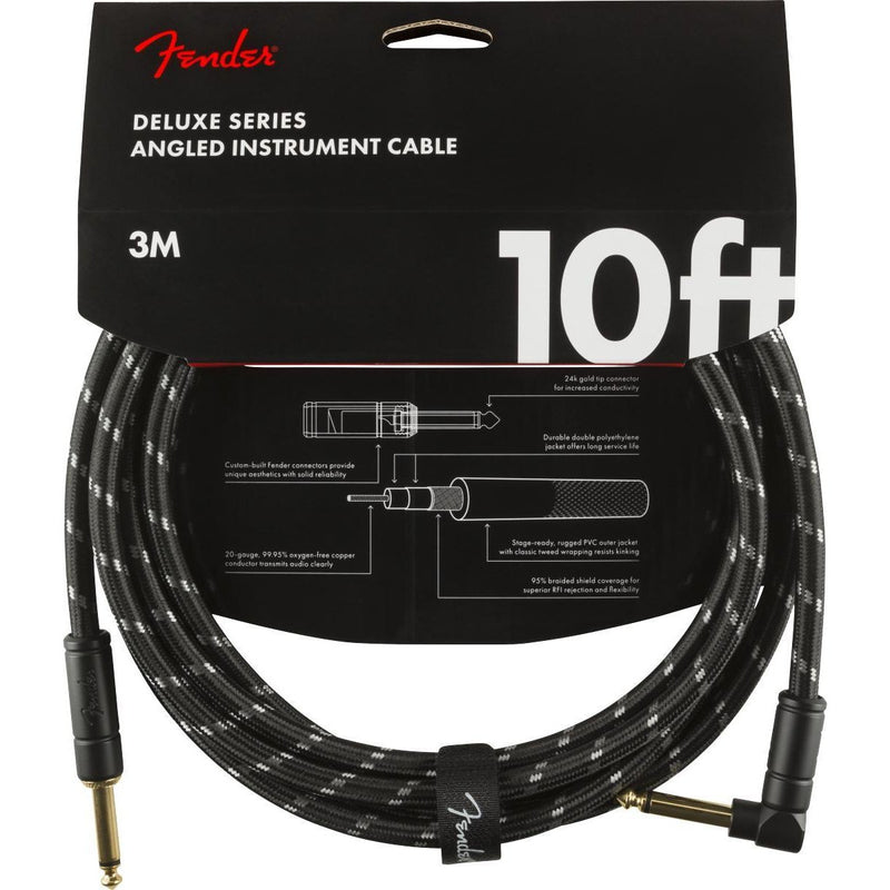 Fender Deluxe Series Instrument Cable-Guitar & Bass-Fender-10'-Straight/Angle-Black Tweed-Logans Pianos