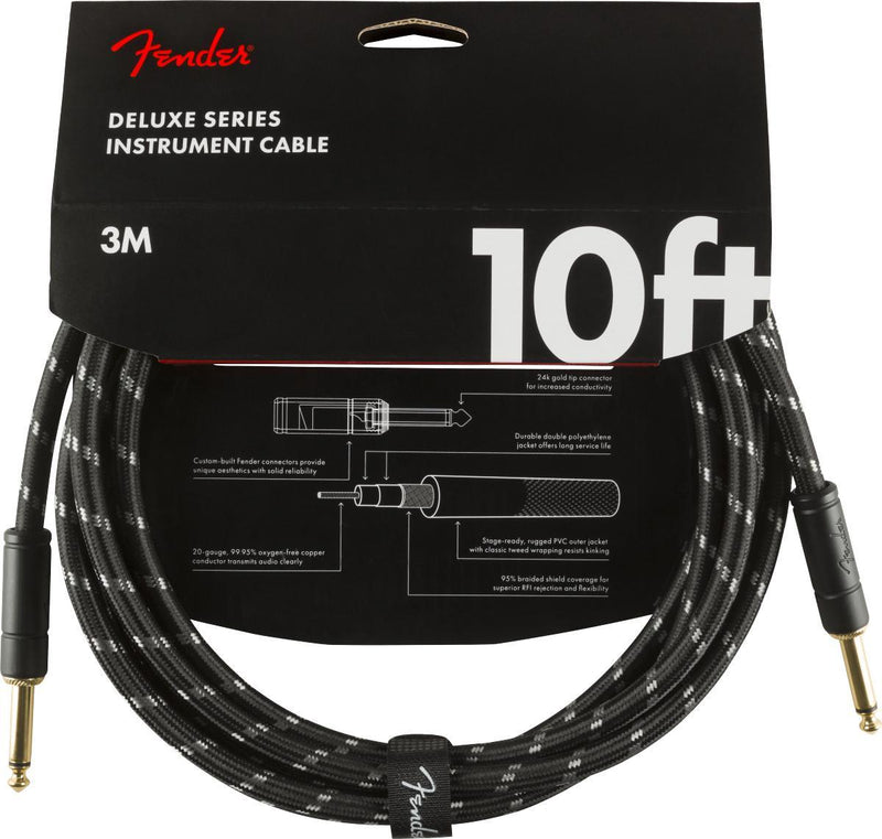 Fender Deluxe Series Instrument Cable-Guitar & Bass-Fender-10'-Straight/Straight-Black Tweed-Logans Pianos