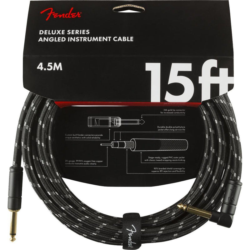 Fender Deluxe Series Instrument Cable-Guitar & Bass-Fender-15'-Straight/Angle-Black Tweed-Logans Pianos