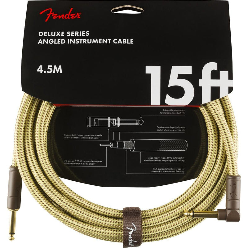 Fender Deluxe Series Instrument Cable-Guitar & Bass-Fender-15'-Straight/Angle-Tweed-Logans Pianos