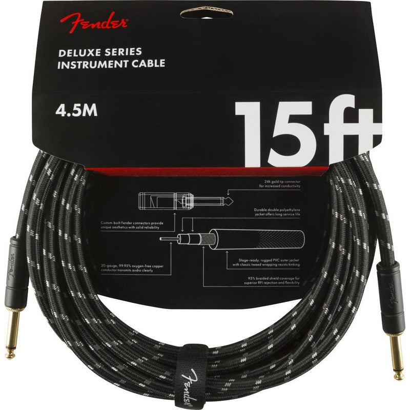 Fender Deluxe Series Instrument Cable-Guitar & Bass-Fender-15'-Straight/Straight-Black Tweed-Logans Pianos