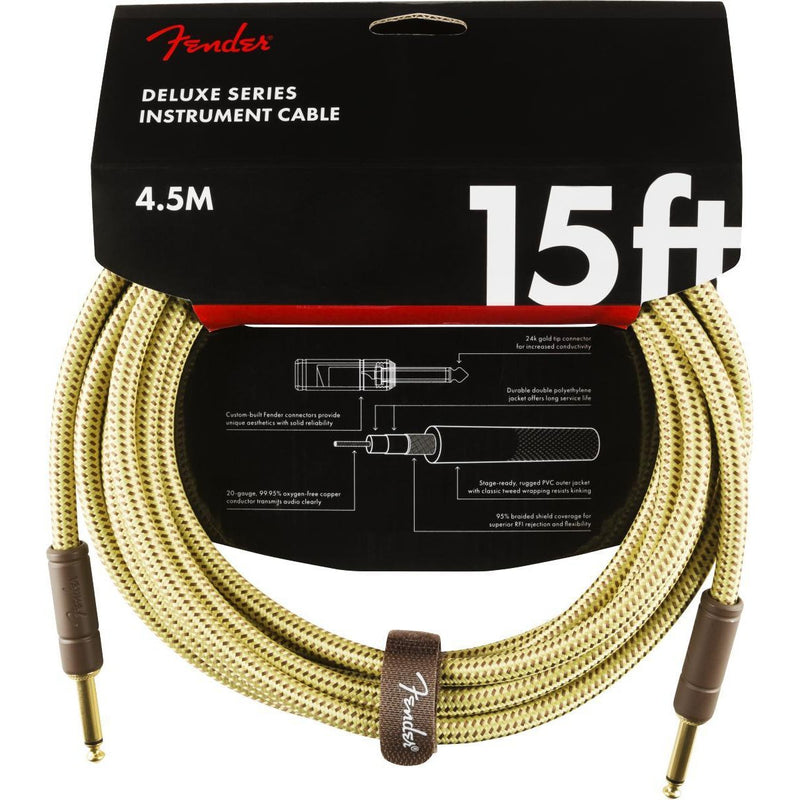 Fender Deluxe Series Instrument Cable-Guitar & Bass-Fender-15'-Straight/Straight-Tweed-Logans Pianos