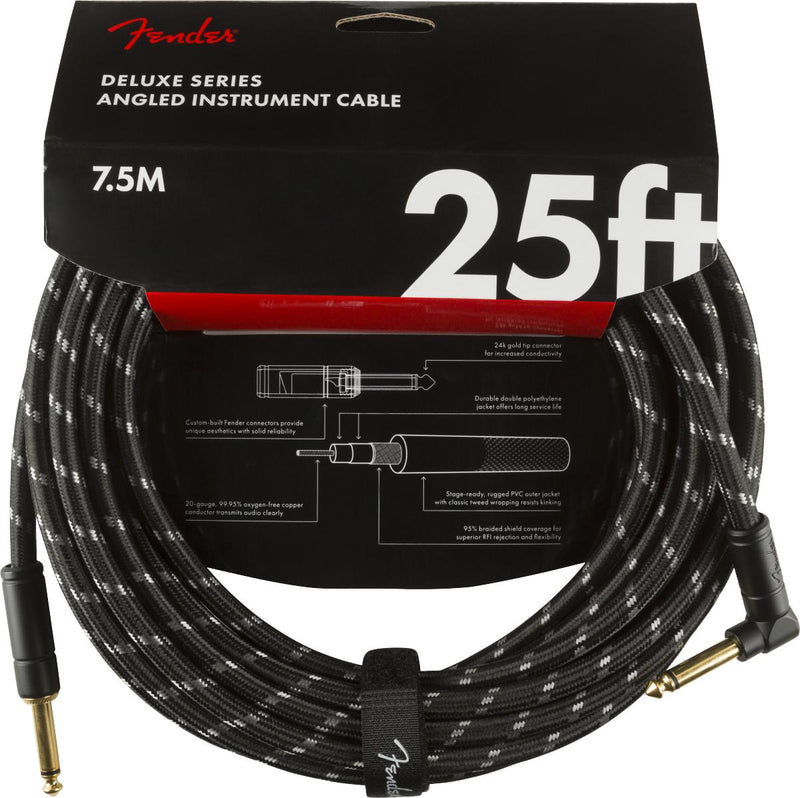 Fender Deluxe Series Instrument Cable-Guitar & Bass-Fender-25'-Straight/Angle-Black Tweed-Logans Pianos