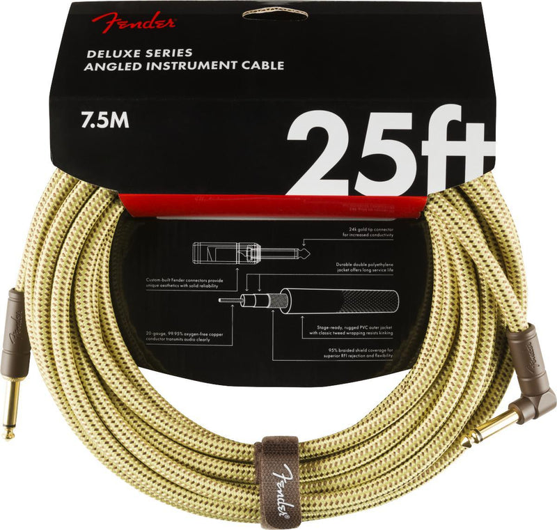 Fender Deluxe Series Instrument Cable-Guitar & Bass-Fender-25'-Straight/Angle-Tweed-Logans Pianos