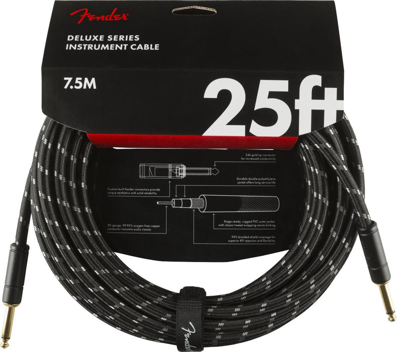 Fender Deluxe Series Instrument Cable-Guitar & Bass-Fender-25'-Straight/Straight-Black Tweed-Logans Pianos