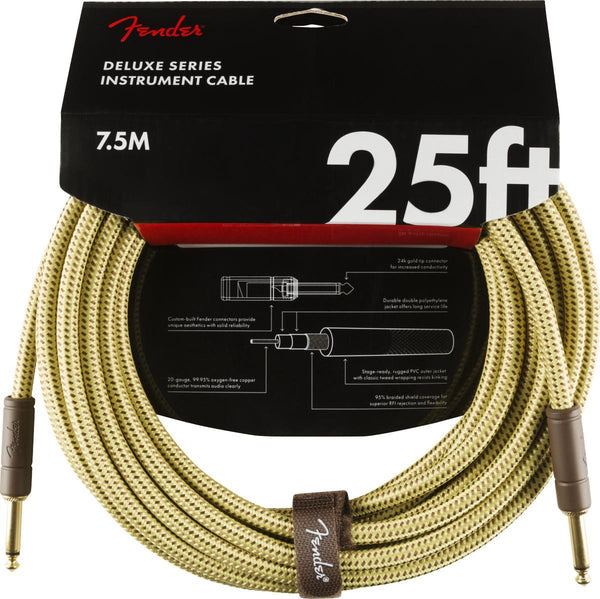 Fender Deluxe Series Instrument Cable-Guitar & Bass-Fender-25'-Straight/Straight-Tweed-Logans Pianos
