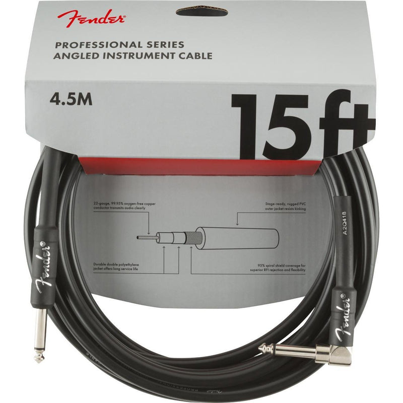 Fender Professional Series Instrument Cable-Guitar & Bass-Fender-15'-Straight/Angle-Black-Logans Pianos