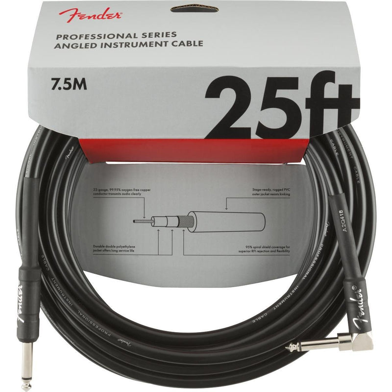 Fender Professional Series Instrument Cable-Guitar & Bass-Fender-25'-Straight/Angle-Black-Logans Pianos